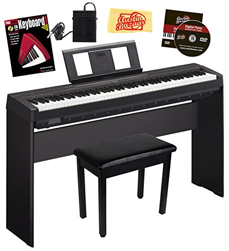 Yamaha P-45 Digital Piano Bundle with Yamaha L-85 Stand, Furniture-Style Bench, Sustain Pedal, Instructional Book, Austin Bazaar Instructional DVD, and Polishing Cloth - Black