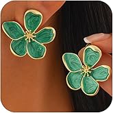 Charm Big Gold Flower Stud Earrings for Women, Delicate Statement Large Silver Green Floral Earring Dainty Holiday Party Y2K Jewelry Gift Accessories