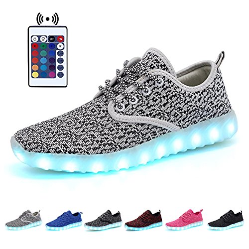 KEALUX 7 Color USB Charge Flashing LED Women Men Breathe Noctilucent Sport Shoes Low Top Lace Up Fabric Sneakers With Remote Control-42(Grey&White)