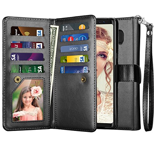 Njjex for Galaxy Note 8 Case, for Note 8 Wallet Case, PU Leather [9 Card Slots] ID Credit Folio Flip Cover [Detachable] [Kickstand] Magnetic Phone Case & Wrist Strap for Samsung Note 8 [Black]
