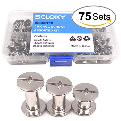 Seloky 75 Sets Silvery Chicago Screws Assorted Kit 1/4 3/8 1/2 Inches Screw Posts Metal Accessories Nail Rivet Chicago Button For DIY Leather Decoration Bookbinding Round Flat Head Stud Screw