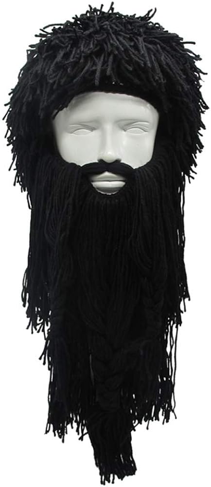 YEKEYI Barbarian Knit Long Beard Hat Adult Viking Fake Hair Wig Visor Knitted wool Funny Skull Cap, Black - Image 5
