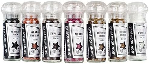 Grate Grinds Salt Collection (7 Pack) includes Pacific Salt, Alaea Red Clay Hawaiian Salt, Applewood Smoked Salt, Hickory Smoked Salt, Espresso Salt, Hawaiian Black Salt, Merlot Salt