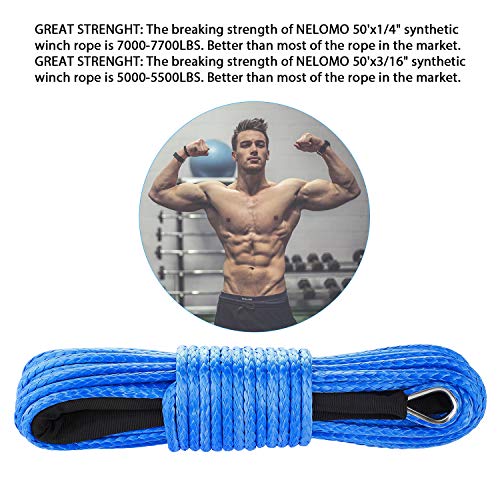NELOMO 50'x3/16 Strong Durable Synthetic Winch Rope 5000-5500LBS Blue Fastness for ATV UTV KFI Vehicle Car Motorcycle (Blue, 3/16")