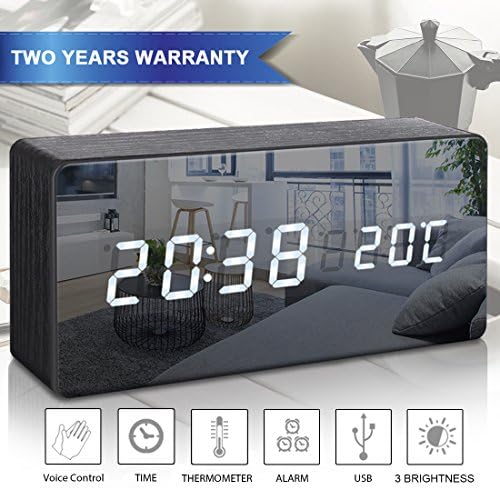 Alarm Clock –Wooden Digital Clock –Three Alarm Sets &amp; Date LED Display &amp; 3 Levels Brightness &amp; Temperature Brightness Dimmer for Kids Heavy Sleepers Adults–Modern Desk Alarm Clock for Bedrooms Office