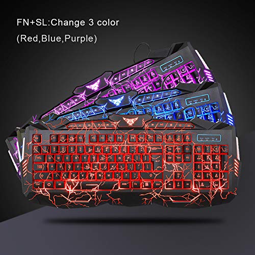 BlueFinger Gaming Keyboard,USB Wired Keyboard,114 Keys Letters Glow,3 Color Blue/Red/Purple Crack Backlit Keyboard for Computer PC Game Office Work