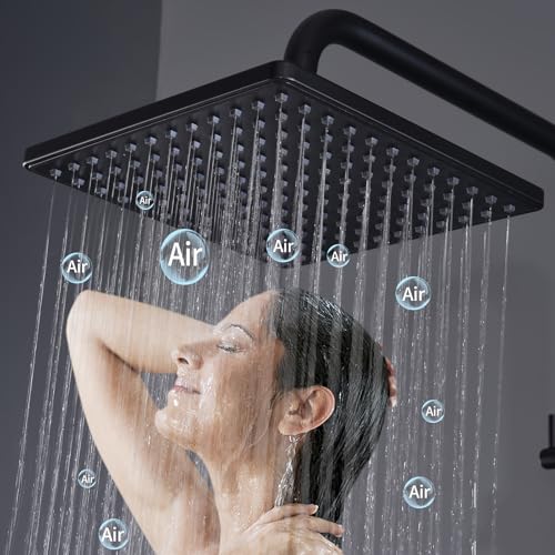HOMELODY Shower System with Thermostat Black - Shower Fitting Stainless Steel Rain Shower with Fitting, Complete Set 2 Shower Head Safety Lock at 38 °C, Shower Fitting Black