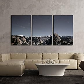 3 Piece Canvas Wall Art - Mountain Valley Under Starry Night Sky - Modern Home Art Stretched and Framed Ready to Hang - 16"x24"x3 Panels