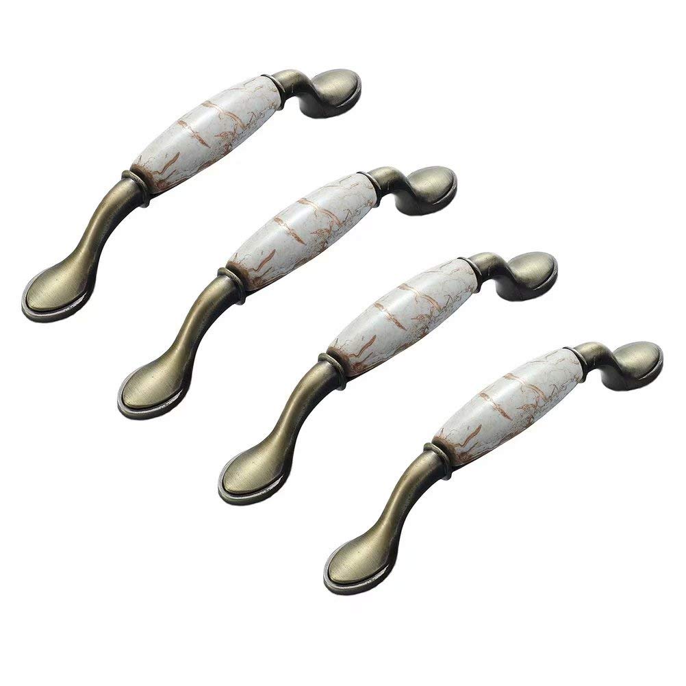 BOZONLI 4 Pack Ceramic Handles, Cupboard Handles, Door Knobs Drawer Handles Cabinet Drawer Cupboard Kitchen Ceramic Pull Handle, Bronze/Marble, 96mm