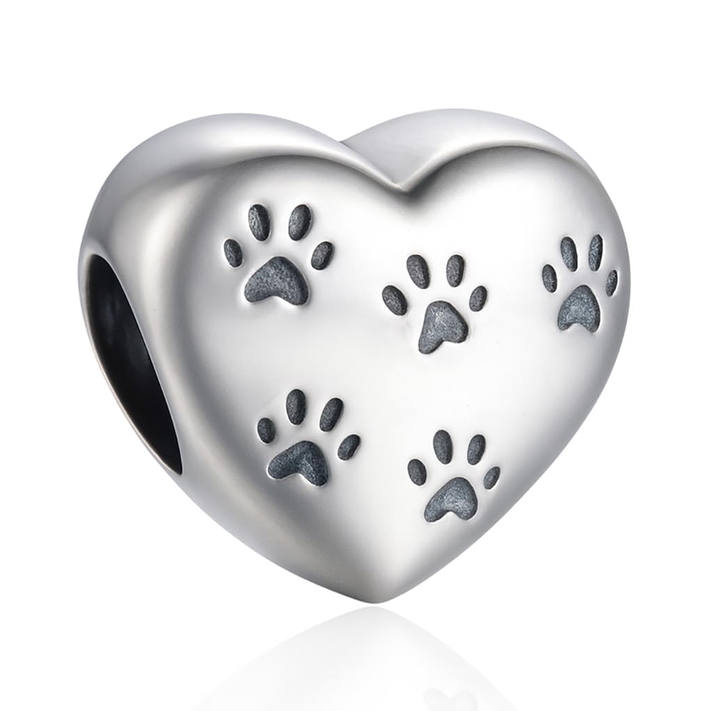 Paw Print Heart Charm Bead for Pandora Moments Bracelets 925 Sterling Silver Cat Dog Women Her Girls - Happy Birthday Gift Box