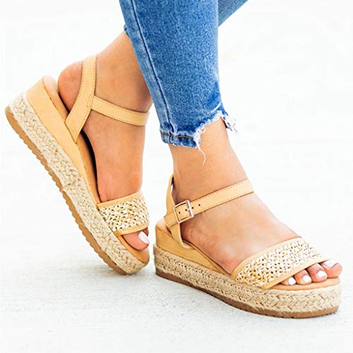 NIKAIRALEY Shoes Women's Platform Sandals Casual Espadrilles Flatform Ankle Buckle Strap Open Toe Slingback Summer Bohemian Beige - Thumbnail 3