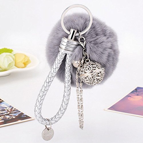 BCDshop Cute Cute Faux Fur Ball Cell Phone Car Keychain Pendant Handbag Charm Key Ring Xmas Gift (Grey, alloy)