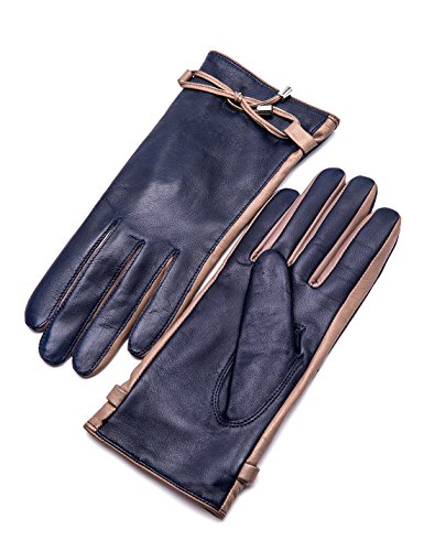 YISEVEN Women's Sheepskin Leather Gloves Cashmere Lined and Luxury Rope Knot for Ladies Winter Accessories Warm Heated Lining Stylish Elegant Dress Driving Motorcycle Xmas Gifts, Navy Blue 6.5"/Small