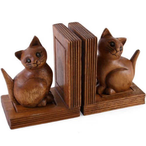 Pair of Wooden Hand Carved Cute Cat Kitten Book Ends / Holder