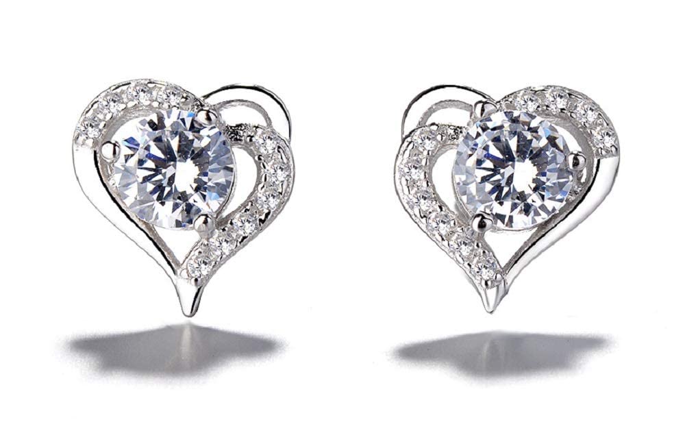 925 Sterling Silver Earrings For Women, Silver Stud Earrings, Perfect Heart Shape, Elegant Gift Box Packaging For Grlfriend Mum Sisiter Birthday Christmas Presents (White)