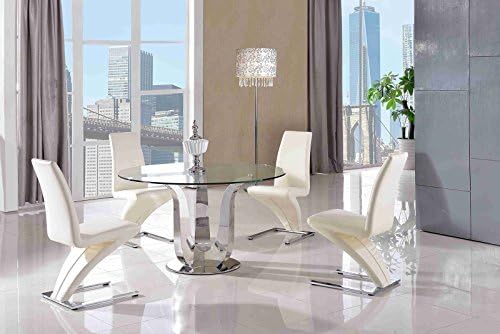 MODERN FURNITURE DIRECT Naples 130cm Round Steel & Glass Dining Table & 4 Faux Leather Ivory Chairs 130cm Diameter | Tempered Glass | Steel | Fast