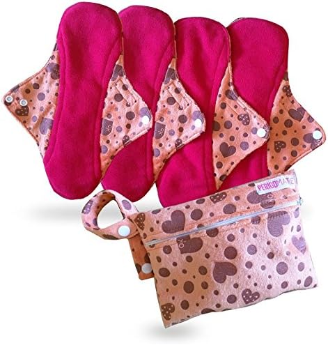 Period Mate Set Of Four Large 11.5 Inches Long Reusable Incontinence Menstrual cloth Pads With a Wet Bag (copper hearts)