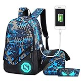 Fantastic Zone Boy Girl School Backpack for Childrens for Middle School, 3 Sets of Capacity 20L School Bag, Pencil Bag & Shoulder Bag, Book Backpack with Florescent Mark