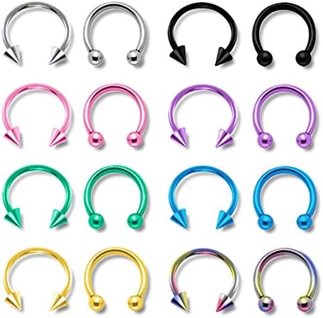 FANCER 16 PCS 8mm 19G Stainless Steel Nose Septum Lip Nipple Horseshoe Hoop Ring Tragus Cartilage Earring