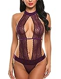 Avidlove Women Sexy Lingerie Lace Halter One Piece Teddy Babydoll Bodysuit Purple L