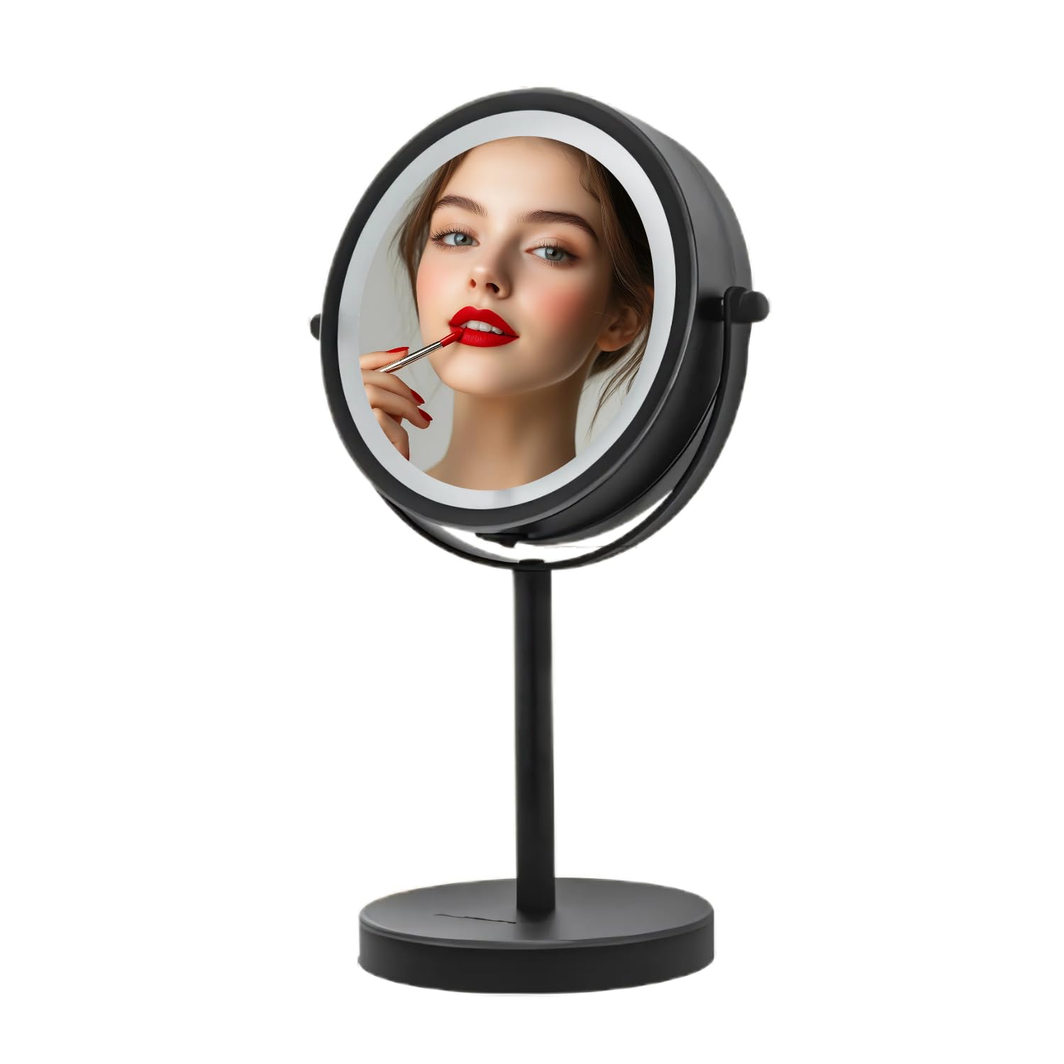 Photo 1 of OVENTE 6" Lighted Makeup Mirror with 1X/7X Magnification, Cordless Tabletop Mount Vanity Round Mirror with 360° Swivel Design and Double Sided Cool Tone LED Ring Light, Matte Black MLT60B1X7X