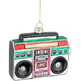The Bridge Collection Glass Boombox Christmas Ornament – Retro Music Holiday Decoration – Colorful Stereo Ornament with Glitter Detail