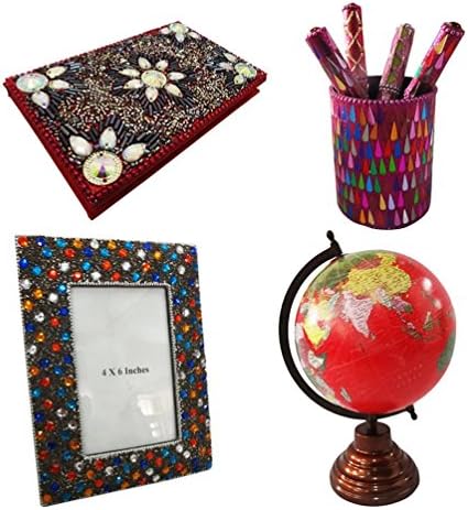 Christmas Gift Lot Globe, Photo Frame, Pen Pot, Diary Decorative Material Mdf Lac Handmade Table Topper Multicolor Set of 4 Pcs Home Décor