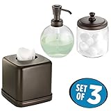 mDesign Soap Dispenser Pump, Facial Tissue Box/Cover/Holder, Canister Jar for Cotton Balls, Swabs, Cosmetic Pads - Set of 3, Bronze/Clear