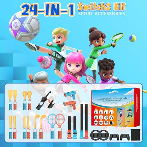 Switch 2/1 Sports Accessories Bundle – 24-in-1 Sports Pack for Nintendo Switch 2/1, Authentic Sports Experience for Family and Friends, Party & Social Play, with Storage Bag