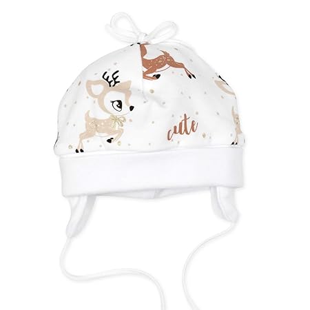 Baby Sweets Baby Mütze Unisex weiß beige braun | Motiv: Lovely Deer | Babymütze zum Binden für Neugeborene & Kleinkinder | Gr