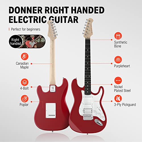 Donner DST100R 39 Inch Electric Guitar Beginner Kit Red Full Size