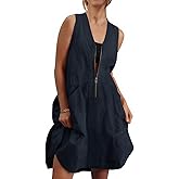 Fisoew Women's Sleeveless Tank Mini Dress Casual Half Zip V Neck Loose Mesh Back Utility Summer Dresses with Pockets