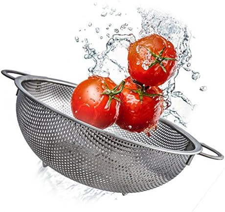 Uni Steel Stainless Kitchen Colander - Large, 3 Quart Mesh/ Micro Perforated Metal Strainer with Handles and Base - best for Draining Pasta or Cleaning Food like Fruit