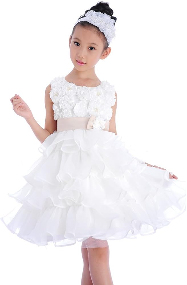 Girls Kids White Floral Flower Girl Formal Wedding Bridesmaid Party