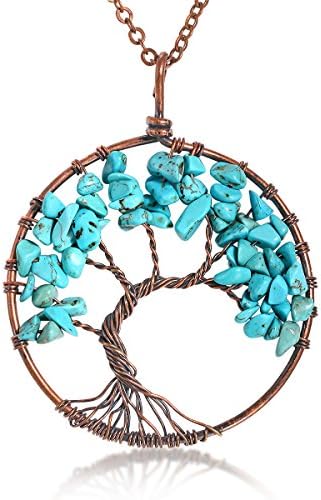 Uniki Tree of Life Pendant Amethyst Rose Peridot Chakra Crystal Necklace Gemstone Jewelry Great Gifts (Green-Turquoise)