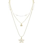 Multilayered Gold Starfish Pendant Necklace for Women Dangle Shell Charm Pearl Choker Necklace Adjustable Chain Layered Gold Plated Hollow Sea Star Necklace Summer Beach Ocean Jewelry Gift for Her