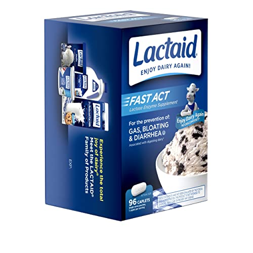 LACTAID FAST ACT LACTOSE INTOLERANCE CAPLETS WITH LACTASE ENZYME, DAIRY RELIEF FROM GAS, BLOATING & DIARRHEA, 9000 FCC LACTOSE INTOLERANCE PILLS, 96 INDIVIDUAL TRAVEL ON-THE-GO PACKS (96 X 1 CT)