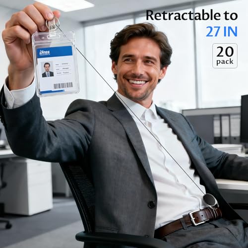 Diateklity 20 Pack Retractable Badge Holder with Carabiner Reel Clip, Badge Reel Bulk ID Card Key Holder with Ring, Sturdy Black Key Chain Extender for Office Work Employee