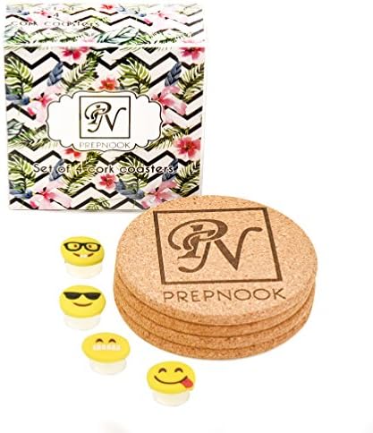 PrepNook: Cork Coaster Set For 'Drinks' and Spills. 4pcs Cork Coaster Set with 4 Silicone Drink Markers each. Protects Furniture Surfaces. Reusable Packaging and Mesh Pouch