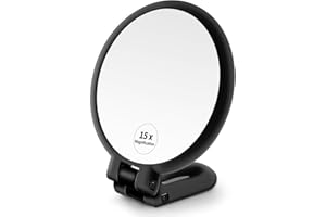 MGLIMZ 1X 15X Magnifying Hand Held Mirror,Double Side Folding Hand Mirror for Women with Adjustable Handle,Travel Table Desk Shaving Bathroom (Black)