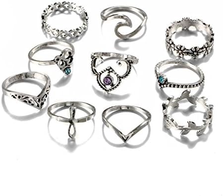 Qpika 10pcs/Set Women Bohemian Vintage Silver Stack Rings Above Knuckle Blue Rings Set