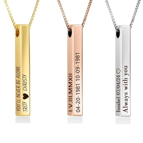 ProJewelry 18K Gold Plated Engraved Sides Bar Necklaces for