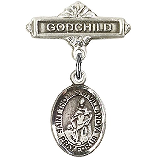 Sterling Silver Baby Badge with St. Thomas of Villanova Charm and Godchild Badge Pin 1 X 5/8 inches