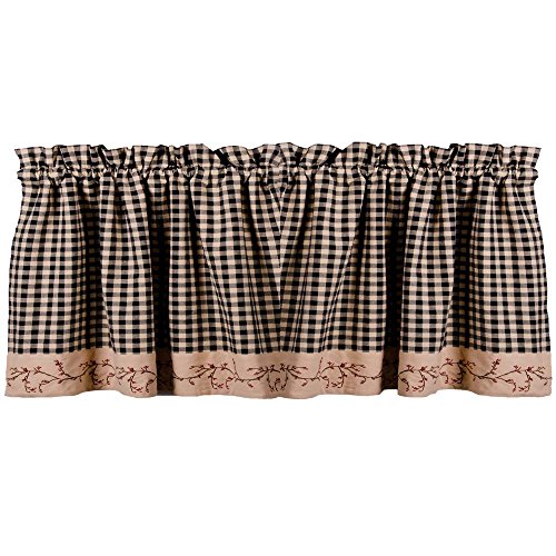 Primitive Home Decors Berry Vine Check Black and Nutmeg 72" x 15.5" Lined Cotton Valance