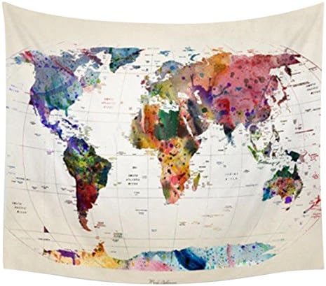 Monkystore Map Wall Hanging Tapestry Polyester Square Home Decor Wall Hanging Retro Watercolor World Map Tapestries for Shawl Beach Towel Hanging Bed Bedding Retro (Watercolor）