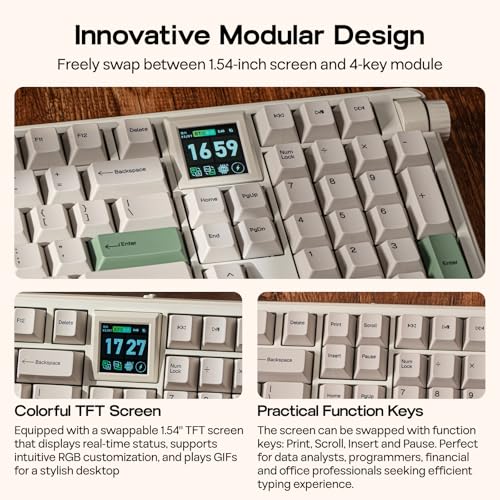 EPOMAKER RT100 PRO Tri-Mode Mechanical Keyboard, 1.54” Hot-Swap Screen, Knob, Retro PBT Keycap, Mac Keys, Thocky Gasket, Custom Driver, RGB, BT/2.4G Wireless Gaming Keyboard (White, Creamy Jade)