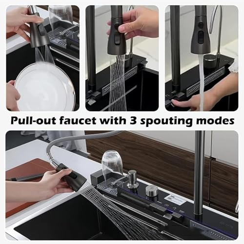 4 Water Outlet Modes Waterfall Kitchen LED Sink with Multifunctional Digital Display Faucet - Durable Stainless Steel Single Bowl Workstation Sink(Size: 80 * 45 * 22cm)