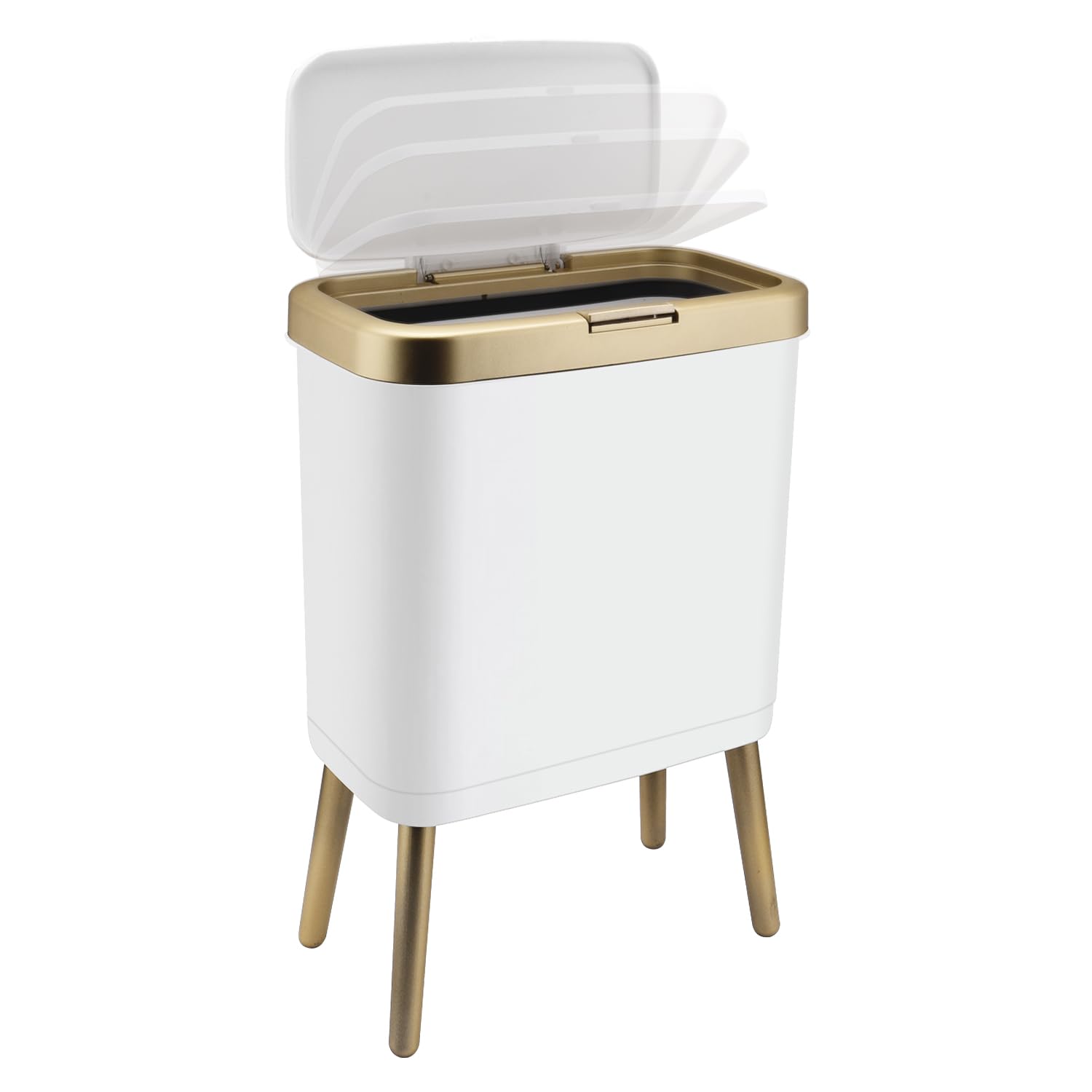 Photo 1 of Trash Can with Lid, Plastic Garbage Can with Push Button, Narrow Modern Waste Basket for Kitchen, Slim Bedroom Garbage Bin, 15L Bathroom Trash Can for Home, Living Room, Toilet, Office (White)