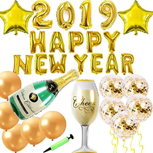 Jolily New Year Party Decorations 2019 HAPPY NEW YEAR Golden Balloons Banner, Huge Size Champagne Goblet and Bottle Balloons 2 Stars 5 Gold Confetti Balloons 5 Gold Balloons, Hand Pump, 10m ribbon