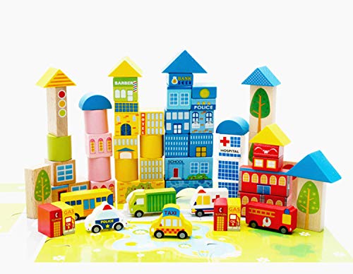 SuperLi Building Blocks for Toddlers - Colorful Baby Wooden Blocks for Preschool Learning - Baby Educational Toys for Kids - 28 Pcs Toy Blocks (62 Pieces City Transportation)